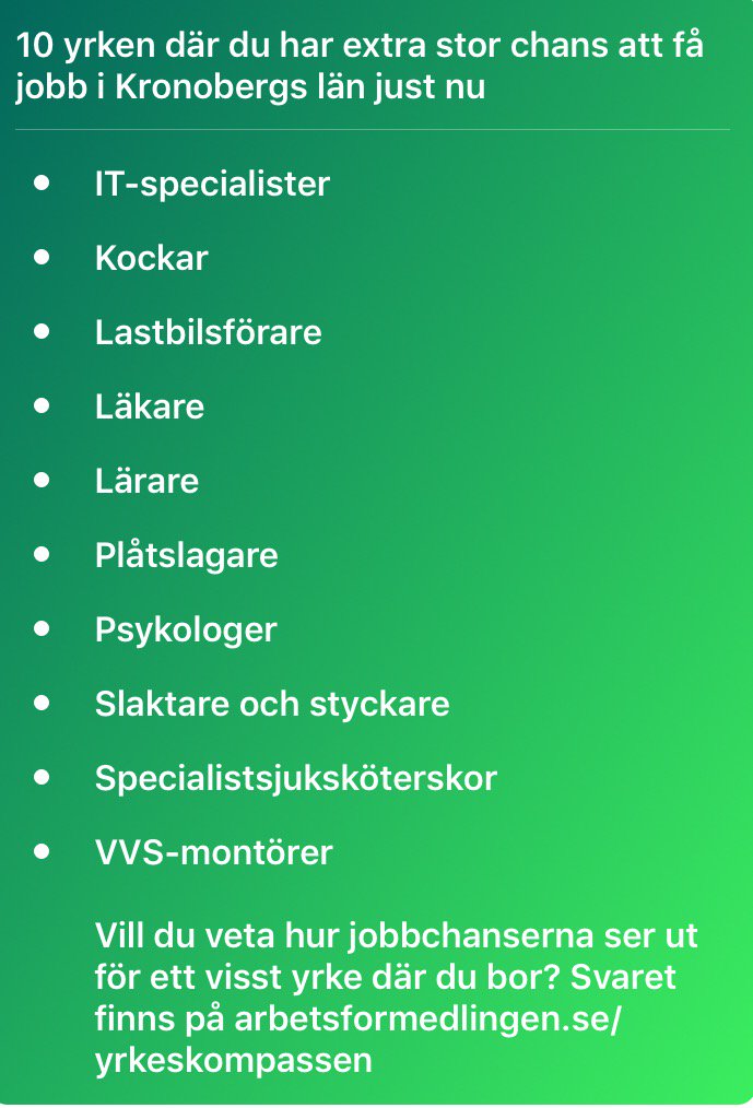 valdetehashani's tweet photo. Arbetsförmedlingen har nu uppdaterat sina
länsprognoser för nära 200 yrken. Arbetsmarknaden i
Kronobergs län är stark och jobbmöjligheter är goda inom de flesta yrkesområden. I bilden hittar ni de hetaste yrkena i länet. Prognos om andra yrken hittar du på https://t.co/V8XYgc5SYQ https://t.co/OzseH4dtvG
