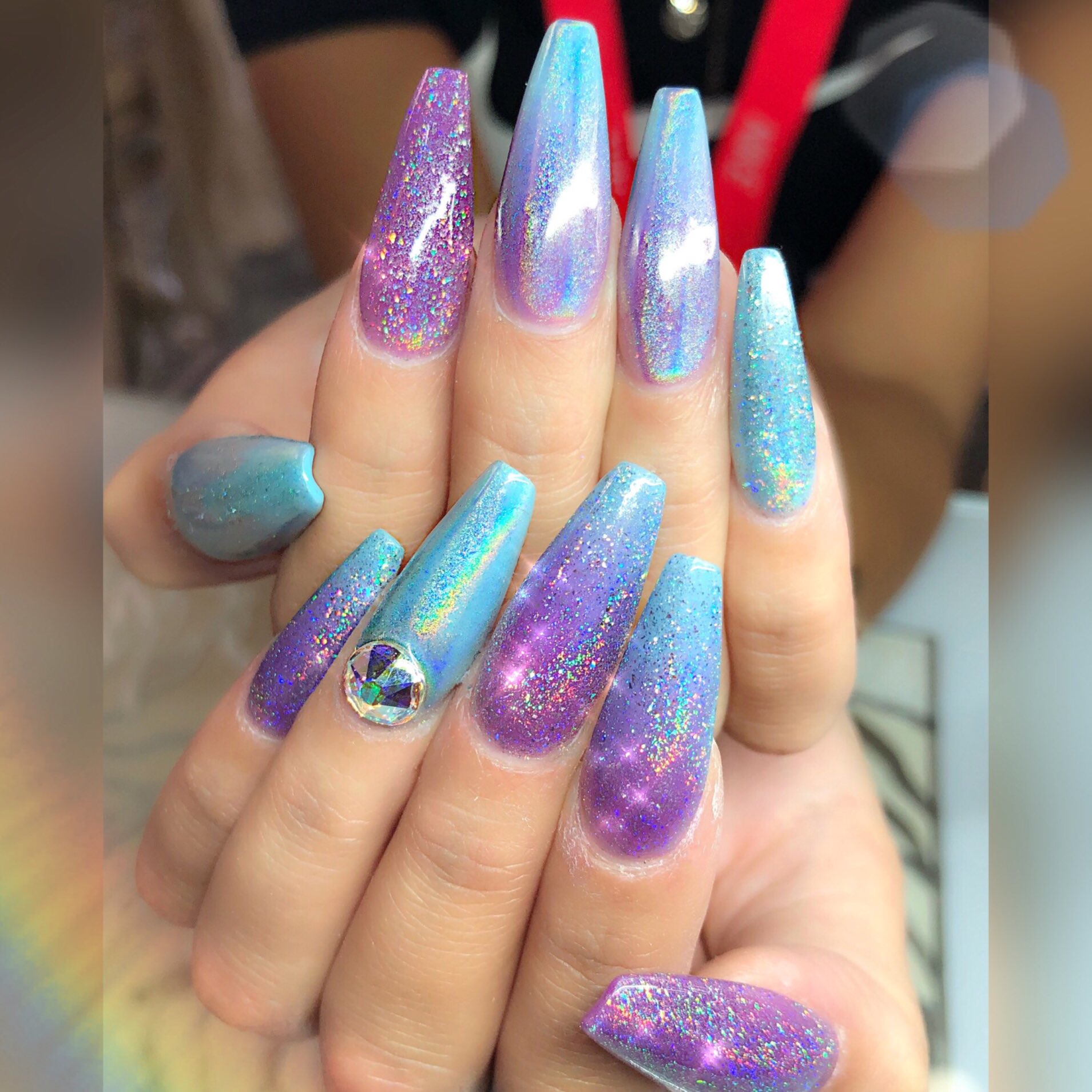 ꮯᴴᴵᴮᴵ お客様nail Blue Purple Gradation Planet Powder Unicorn Nail Cute Gel Blue 紫 Nails Nailart Fashion Square Beautiful 派手 Summer Purple Foot Unicorn Pink 可愛い 青 ジェルネイル