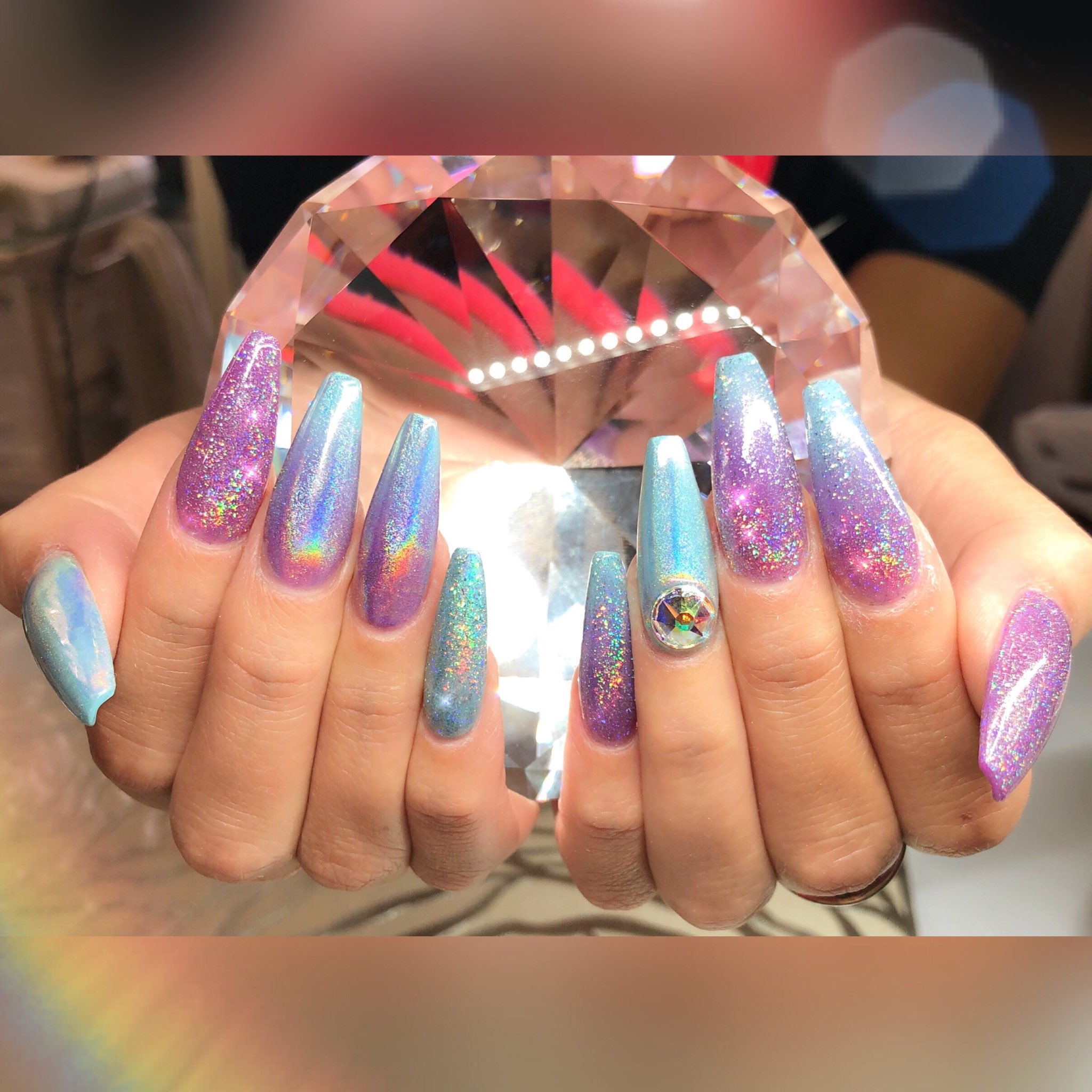 Coco お客様nail Blue Purple Gradation Planet Powder Unicorn Nail Cute Gel Blue 紫 Nails Nailart Fashion Square Beautiful 派手 Summer Purple Foot Unicorn Pink 可愛い 青