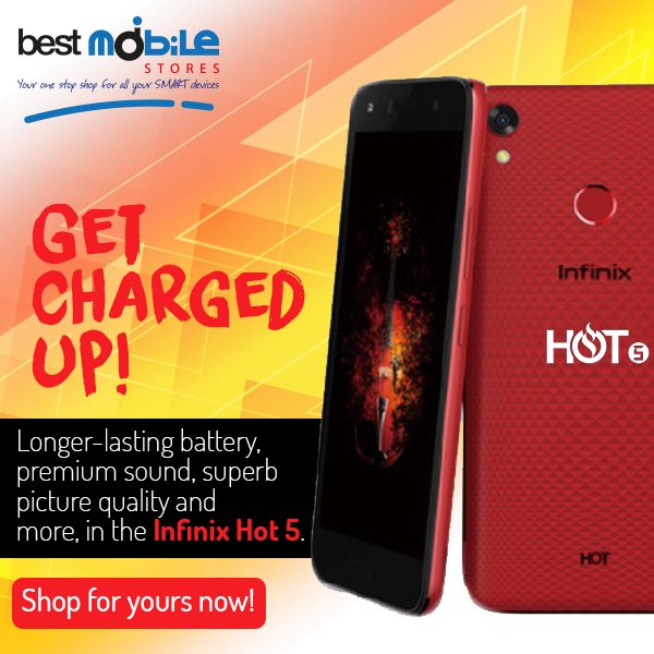 Bestmobileltd's tweet photo. Get charged up! Longer-lasting battery, premium sound, superb picture quality and more, in the #Infinix Hot 5.

Shop for yours now! https://t.co/3EIFvqUzCV 
#BestMobile https://t.co/4JFUxUIO7F