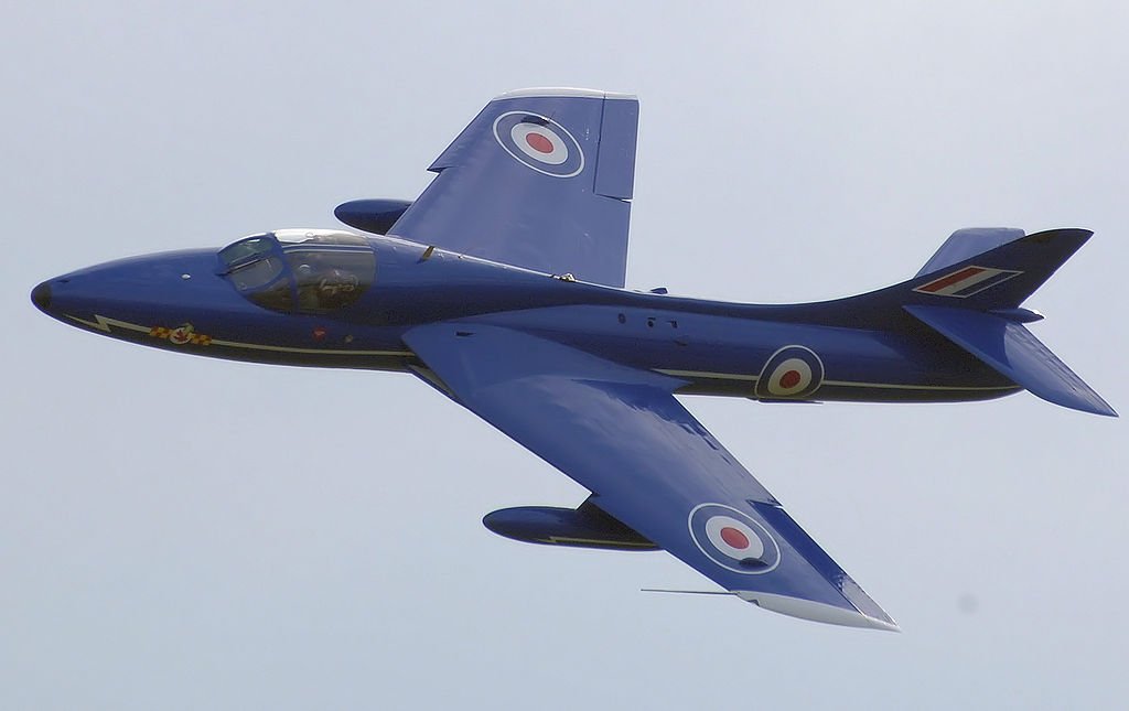 Hawker Hunter  https://en.wikipedia.org/wiki/Hawker_Hunter#/media/File:Hawker_hunter_t7_blue_diamond_in_planform_arp.jpg