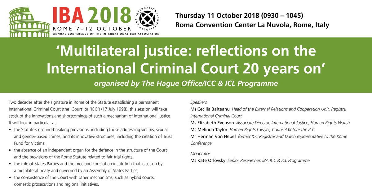 IBA HagueOffice (@ibahagueoffice) on Twitter photo Save the date: 'Multilateral justice: reflections on the International Criminal Court 20 years on' organised by <a href="/IBAHagueOffice/">IBA HagueOffice</a> on 11 October
at <a href="/IBAevents/">IBA Events</a> 2018 Annual Conference #IBARome #IBAHagueOffice #ICC <a href="/liz_evenson/">Liz Evenson</a> <a href="/theMTchair/">Melinda Taylor</a> <a href="/IntlCrimCourt/">Int'l Criminal Court</a> Save the date: 'Multilateral justice: reflections on the International Criminal Court 20 years on' organised by <a href="/IBAHagueOffice/">IBA HagueOffice</a> on 11 October
at <a href="/IBAevents/">IBA Events</a> 2018 Annual Conference #IBARome #IBAHagueOffice #ICC <a href="/liz_evenson/">Liz Evenson</a> <a href="/theMTchair/">Melinda Taylor</a> <a href="/IntlCrimCourt/">Int'l Criminal Court</a>