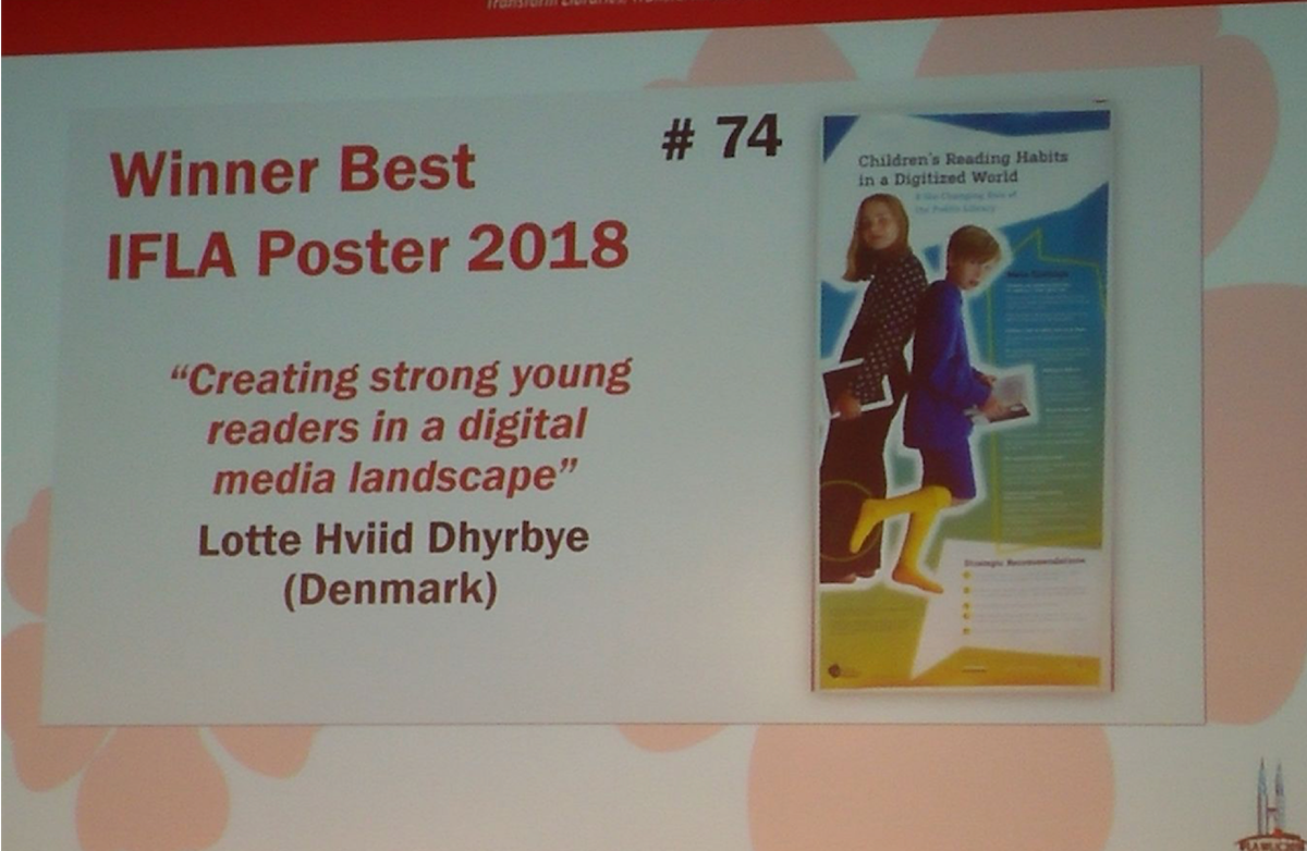 FremtidsBib's tweet photo. Our poster on Children's Reading Habits in a Digitized World won Best IFLA poster 2018 - such an important issue - we are so proud. #WLIC2018 #readlinghabits https://t.co/8NcF7UdYQR