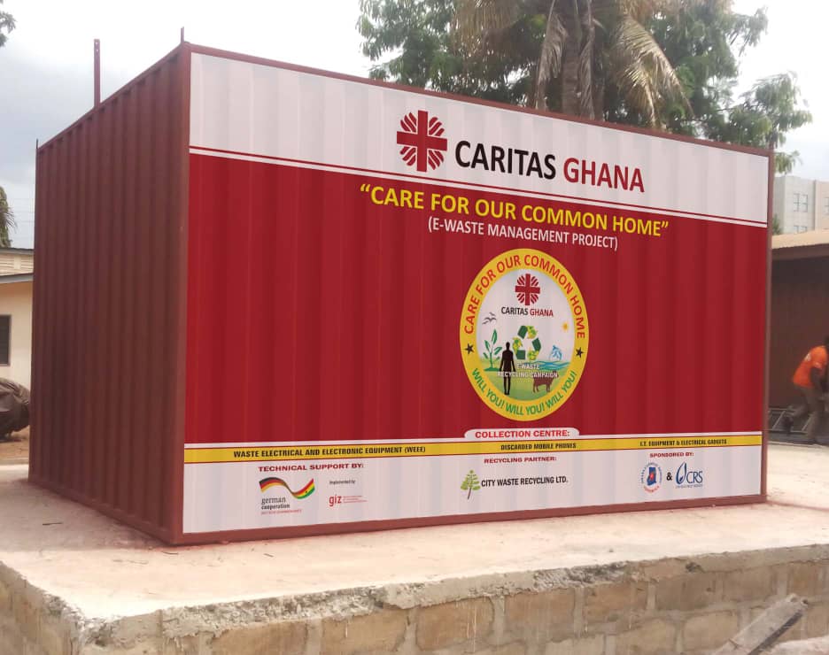 CARITAS GHANA'S E-WASTE COLLECTION CONTAINERS READY TO BEGIN PILOT COLLECTION IN ACCRA ARCHDIOCESE. THE PROJECT IS CARITAS GHANA'S E-WASTE MANAGEMENT INITIATIVE: "CARE FOR OUR COMMON HOME"
