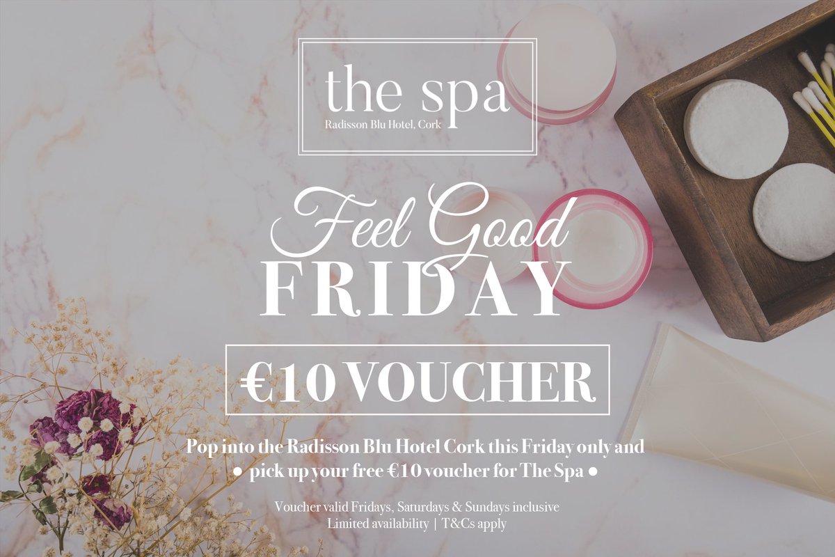RadissonCork's tweet photo. For this month's #FeelGoodFriday we are giving away free €10 vouchers for the spa! All you have to do is pop into the Radisson Blu Hotel & Spa, Cork this FRIDAY & ask! :) @FeelgoodCork #FeelGoodCork #CorkSpa #RadissonBlu #LimitedAvailability https://t.co/dGK7T8v26L
