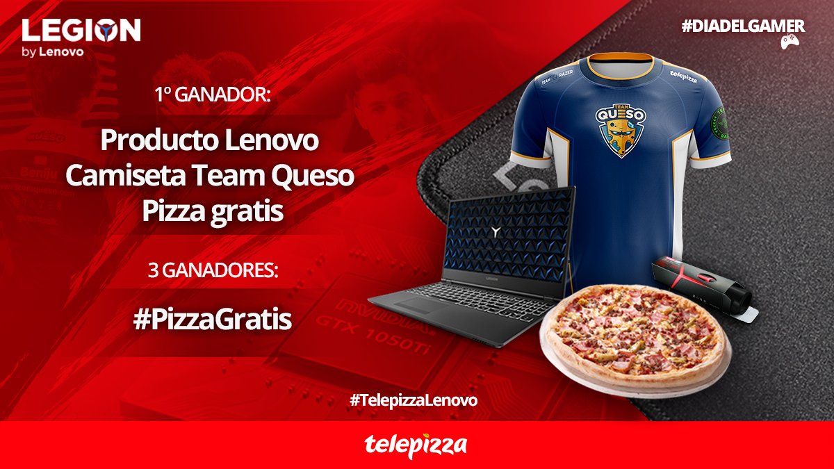 ¡Feliz #DíaDelGamer!

¡Celébralo ganando🍕#PizzasGratis+ 💻 Lenovo Legion Y530 &amp; alfombrilla + 👕oficial de <a href="/TeamQuesoGG/">Team Queso</a> !

1️⃣Haz RT a este tweet
2️⃣Sigue a <a href="/telepizza_es/">Telepizza España 🍕</a>  y <a href="/LenovoES/">Lenovo España</a> 

El lunes 3 anunciamos los ganadores ¡SUERTE 🍀!

#TelepizzaLenovo