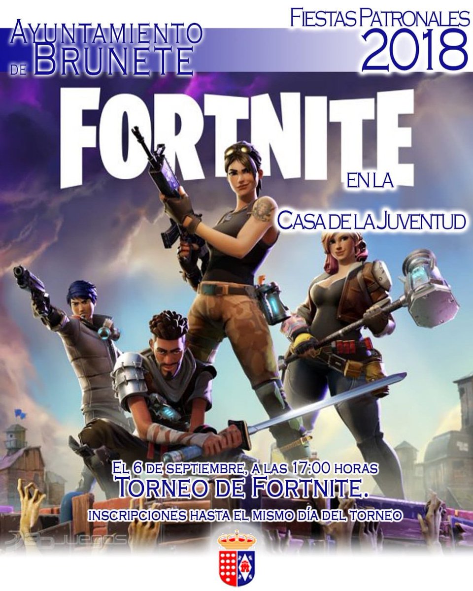 AytoBrunete's tweet photo. 🎮El TORNEO de FORTNITE, uno de los videojuegos con más éxito mundial en la actualidad, de las #FiestasBrunete2018, tendrá lugar el 6 de septiembre. ¡Habrá PREMIOS para los tres primeros! ¡No te lo pierdas! #Brunete https://t.co/euxY6BXGxi