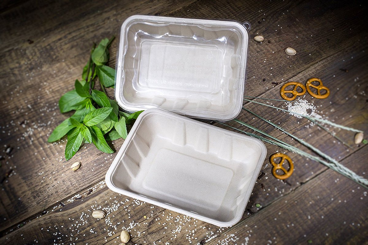 Meal prep containers :
 
Price: $39.99 &amp; FREE Shipping.Details
Package Quantity: 100 , 400
ASIN:  B07B5SWFGQ
Compo stable Eco Friendly Container Trays - Deep Containers made from Tree-Free Bagasse Fibers Sugarcane for Meal Prep Dinnerware Plates Catering.
 amazon.com/Compostable-Fr…