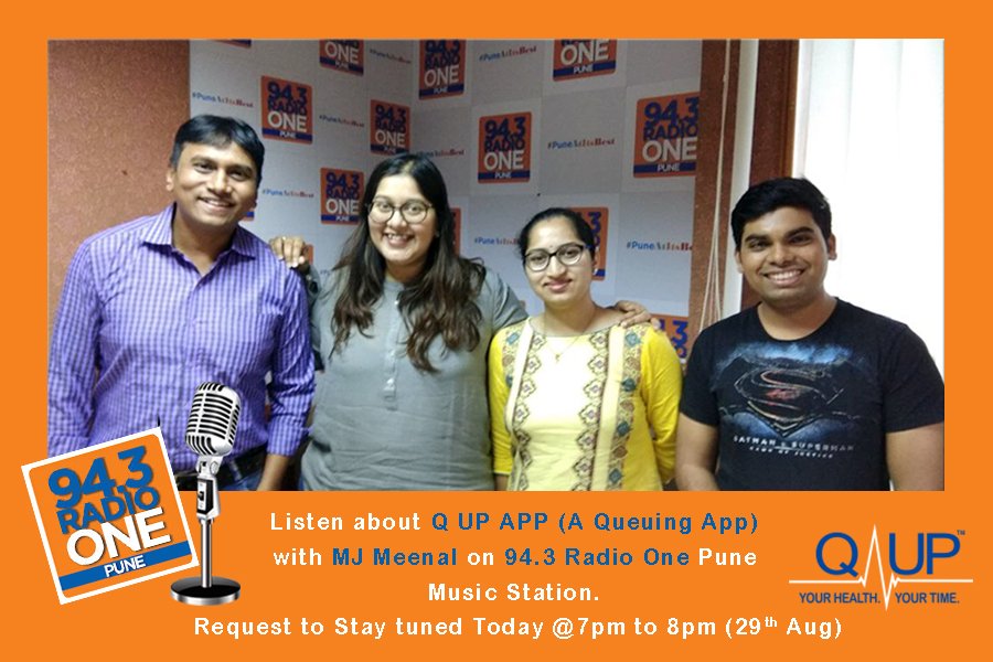 qupindia's tweet image. Listen about Q UP APP (A Queuing App)#queuingapp
 with MJ Meenal @ThatMarathiGirl on 94.3 Radio One Pune #pune
Music Station.
#qupindia
 Request to Stay tuned Today @7pm to 8pm (29th Aug) #TodayShow