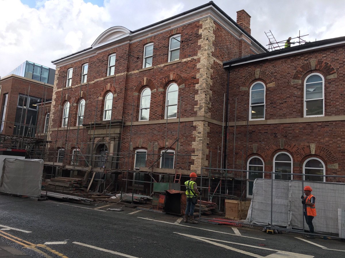 altyheritage's tweet photo. #Altrincham General Hospital through the decades: 1870 by Peter Pons, architect; remodelled 1914 by Frank B. Dunkerley; 1950s photo &amp; in 2018 after being
 dismantled &amp; carefully rebuilt by @Citybranch closer to original design. This landmark building is looking great @civic_voice https://t.co/CiAewGtaJ3