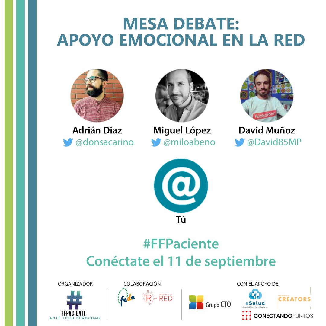 jacobocp's tweet photo. 👥¡Ya tenemos las 2⃣ mesas de debate del I Encuentro de #pacientes blogueros #PacientesEnRed de #FFPaciente!
➕Apoyo emocional en la Red
➕Bulos en salud y cómo combatirlos
¿Te lo vas a perder? 😏
Reserva tu entrada https://t.co/eDbcmn2GGB o síguelo el 11S en 📹streaming https://t.co/8UEmUy4Ddu
