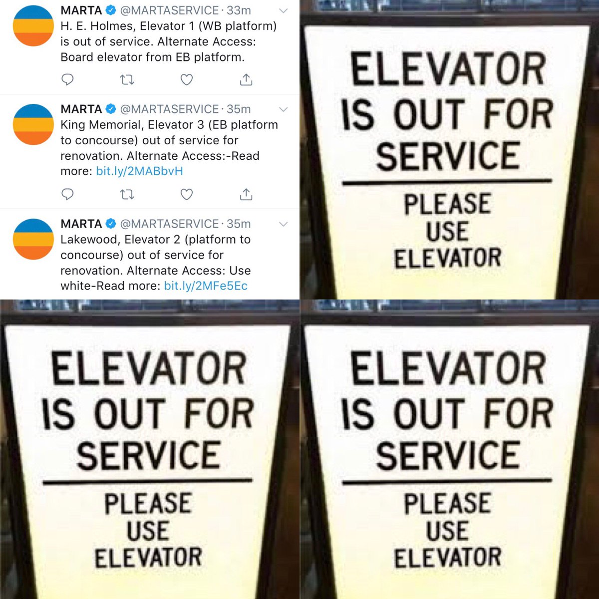 SmartaThanMarta's tweet photo. Day 221 of 365-All anyone learns from the @MARTASERVICE Twitter feed is that their elevators are less reliable than their trains. #Atlanta #Transit #FixMarta @CEOMARTA https://t.co/fygeGhDKvS