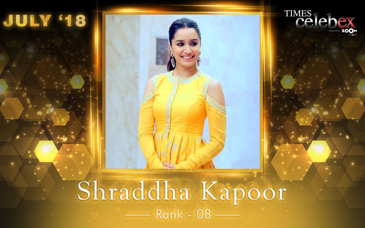 TimesCelebex's tweet photo. .@ShraddhaKapoor bagged No.8 rank on #TimesCelebex for the month of July! To know the ranks of other stars, tune in to @ZoomTV on 2nd September, 7:00 pm. https://t.co/tKw757Tpt4