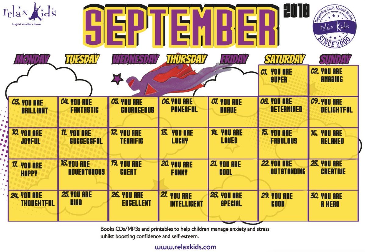 relaxkids's tweet photo. There's a new month on the horizon, which means a brand NEW affirmation calendar is on its way.

Fill September with Superhero themed affirmations!

FREE DOWNLOAD ➡️ https://t.co/WNWbxdksdw https://t.co/5wP0EnAlzW