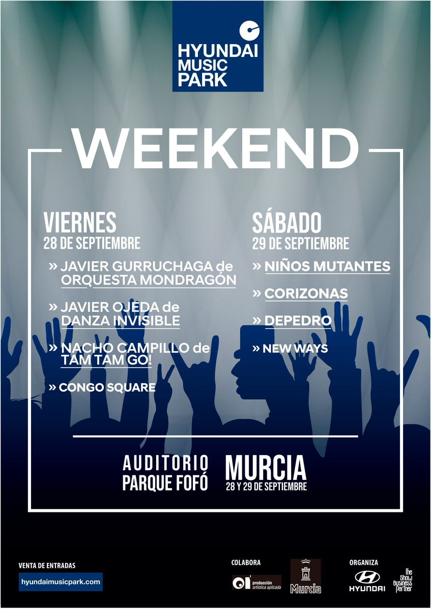 ¡<a href="/Hyundai_MUSIC/">Hyundai Music Park</a> llega a Murcia con dos noches cargadas de la mejor música! El 28 y 29 de septiembre: <a href="/JavierOjeda64/">Javier Ojeda</a> (Danza Invisible), JavierGurruchaga, Nacho Campillo (Tam Tam Go!), <a href="/n_mutantes/">Niños Mutantes</a> , <a href="/Depedromusic/">DEPEDRO</a>, <a href="/corizonas/">CORIZONAS</a>  y <a href="/NewWaysOfficial/">New Ways</a> Más info: laguiago.com/evento/hyundai…