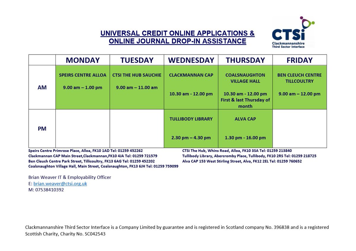 Clacks Third Sector Interface (@clacksctsi) on Twitter photo Need help applying for Universal Credit, or updating your journal?
Pop along to one of the sessions across Clacks, detailed below, for support from our IT and Employability Officer Brian. Need help applying for Universal Credit, or updating your journal?
Pop along to one of the sessions across Clacks, detailed below, for support from our IT and Employability Officer Brian.