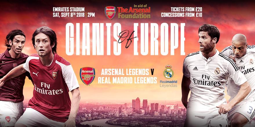 standardsport's tweet image. Arsenal Legends face Real Madrid Legends at Emirates Stadium on September 8 - and you can be there!

To be in with a chance of winning a pair of VIP tickets, simply RT this tweet and follow us.

T&amp;amp;Cs: bit.ly/ESlegends

#ESLegends