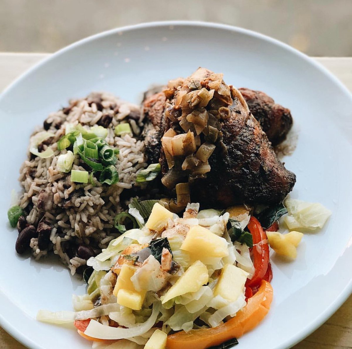 constantspring's tweet image. It’s #ovalplatespecial night and we’ll be serving up Jerk Chicken! 
Chicken quarters, marinated with Jamaican jerk spices, roasted and served with traditional rice and peas and sautéed cabbage and bell peppers. We open at 4:00! #constantspringgoshen #jerkchicken #barfood