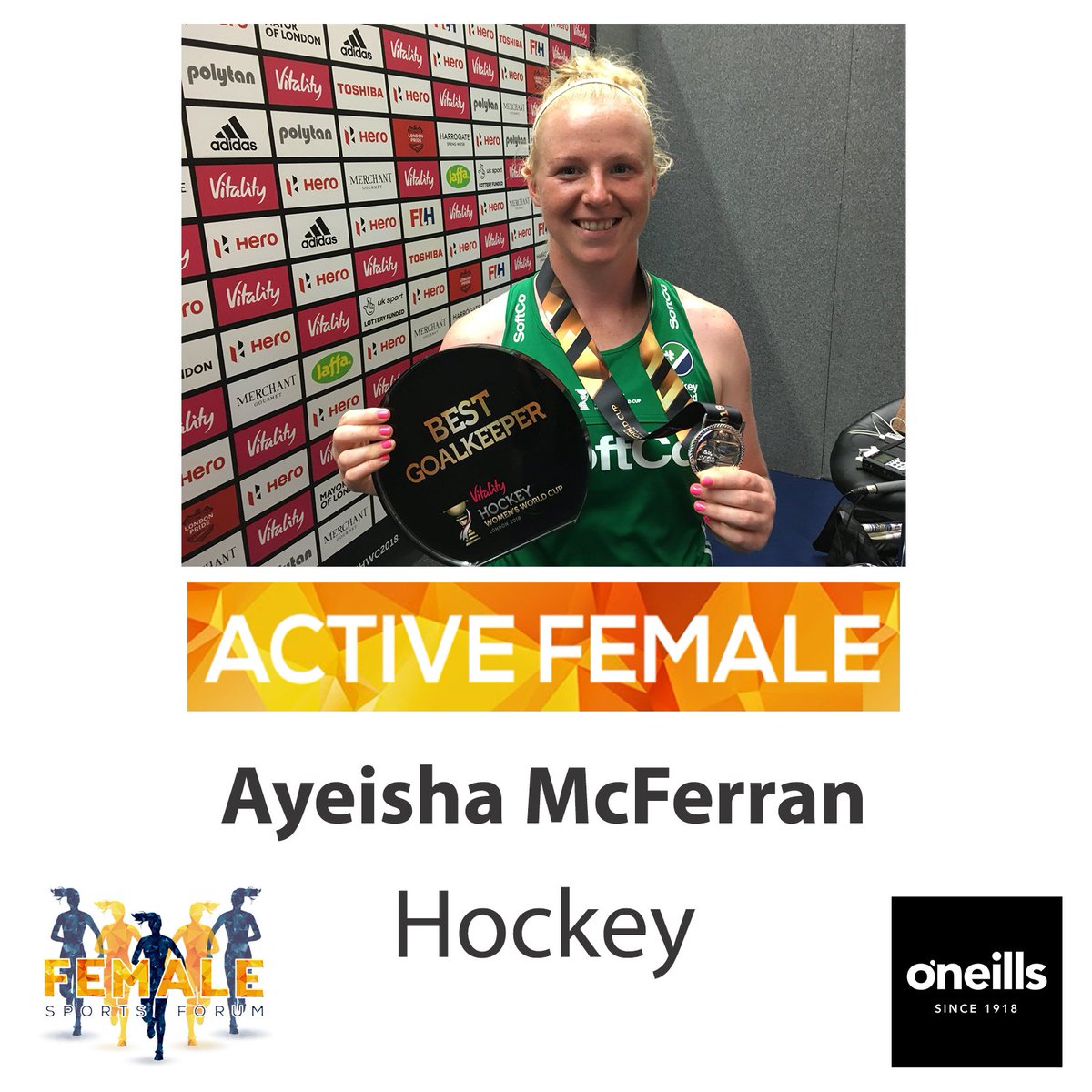 Vote for Ayeisha McFerran to win the <a href="/ONeills1918/">O'Neills</a> Active Female Award for July by RETWEETING this tweet! Or Vote via our Facebook page. Voting closes Wednesday 5th Sept! 🏑
#ActiveFitSporty