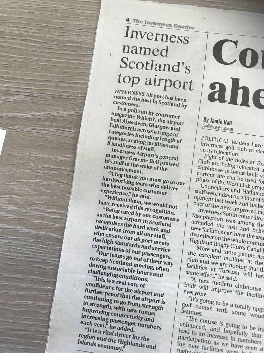 Thanks to <a href="/InvCourier/">Inverness Courier</a> for the mention! We're still celebrating our No.1 Scottish Airport ranking for customer service ☺️👏🏻✈️🌍 connecting the Highlands to the rest of the world!