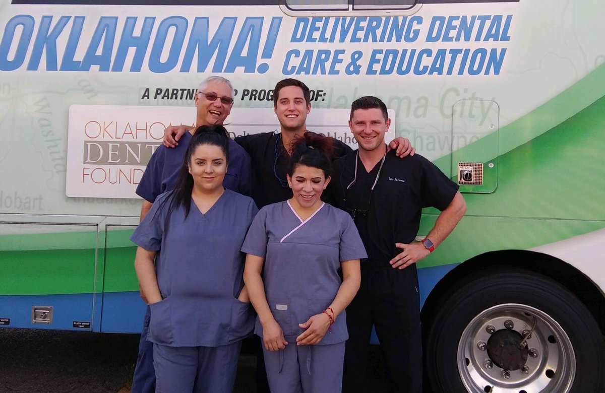 OKDF's tweet photo. We are in Altus working with Operation CARES Ministries! Connie, Dr. Jones and Jesenia from our team were joined by OU College of Dentistry’s fourth year dental students Kanyon and Eric. The team got to take a break to celebrate Jesenia’s birthday last night! https://t.co/UEdgOmefcN