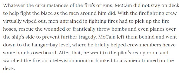 4/ while enlisted men were dying in the fight against fire and explosions on deck, McCain reported by Hershberger to have gone to pilot& #39;s ready room and watched fire on a television monitor.