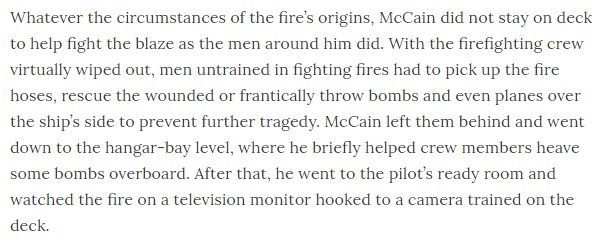 4/ while enlisted men were dying in the fight against fire and explosions on deck, McCain reported by Hershberger to have gone to pilot's ready room and watched fire on a television monitor.