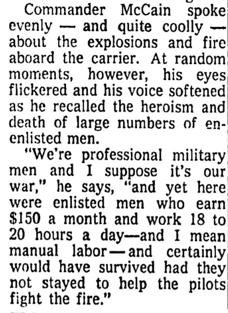5/ next day McCain commended heroism of enlisted men: "we& #39;re professional military men and I suppose it& #39;s our war. And yet here were enlisted men who earn $150 a month and work 18 to 20 hours a day...and certainly would have survived had they not stayed to help pilots fight fire"