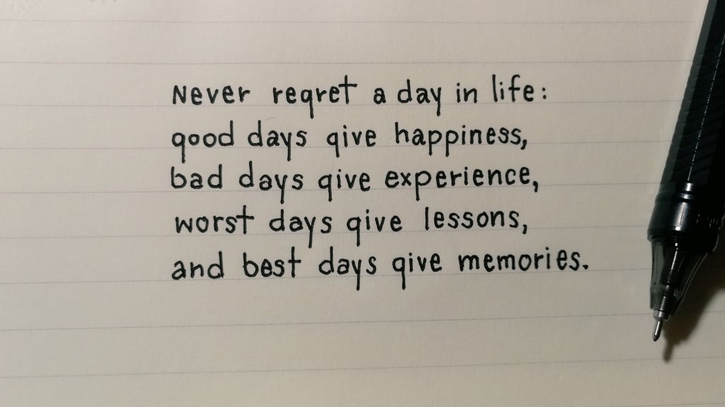 SayCoolEnglish's tweet image. ⠀
⠀
ไม่มีวันไหนน่าเสียใจเลยสักวัน:

วันดีดีนำมาซึ่งความสุข
วันแย่แย่ให้ประสบการณ์ชีวิต
วันที่แย่สุดสุดก็ผ่านมาให้บทเรียน
ส่วนวันที่ดีที่สุดก็มอบความทรงจำที่งดงาม

— มีความหมายซ่อนอยู่ในทุกวัน