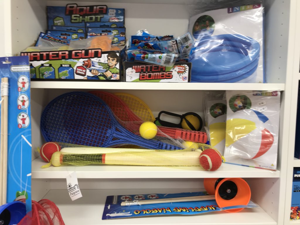 END OF SUMMER SALE!  
All summer lines now HALF PRICE!

Rounders set - £2.49
Tennis rackets &amp; ball - £2.99
Diablo - £2.99
Boules - £3.99
Gardening set - £2.49
Watering can - £1.49
Kite - £3.49
Water pistol - 99p
Whistling rocket - £1.75
Windmill - 75p
Buckets &amp; spades - from 49p