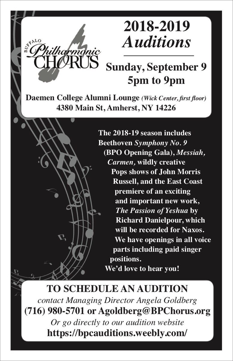 BPChorus's tweet image. Have you ever thought about auditioning for the Buffalo Philharmonic Chorus? Here’s your chance! 🎼 We will be having auditions on Sunday, September 9! Visit bpcauditions.weebly.com or contact our Managing Director at Agoldberg@bpchorus.org for more information!