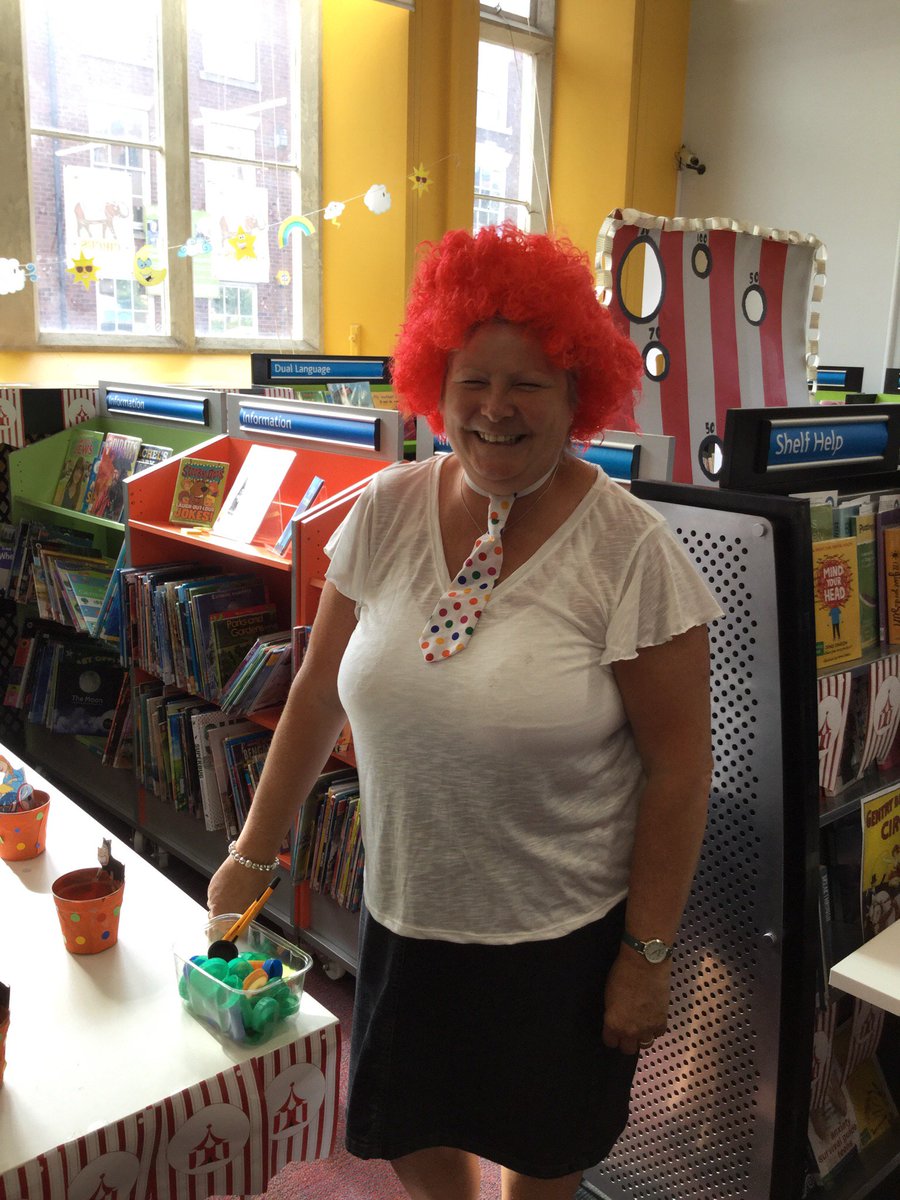 gloslibs's tweet image. Staff at Gloucester Library have worked hard to make Circus #MischiefMaker activities today - here’s Chris who looks like she’s been to the hairdressers 🤡😉