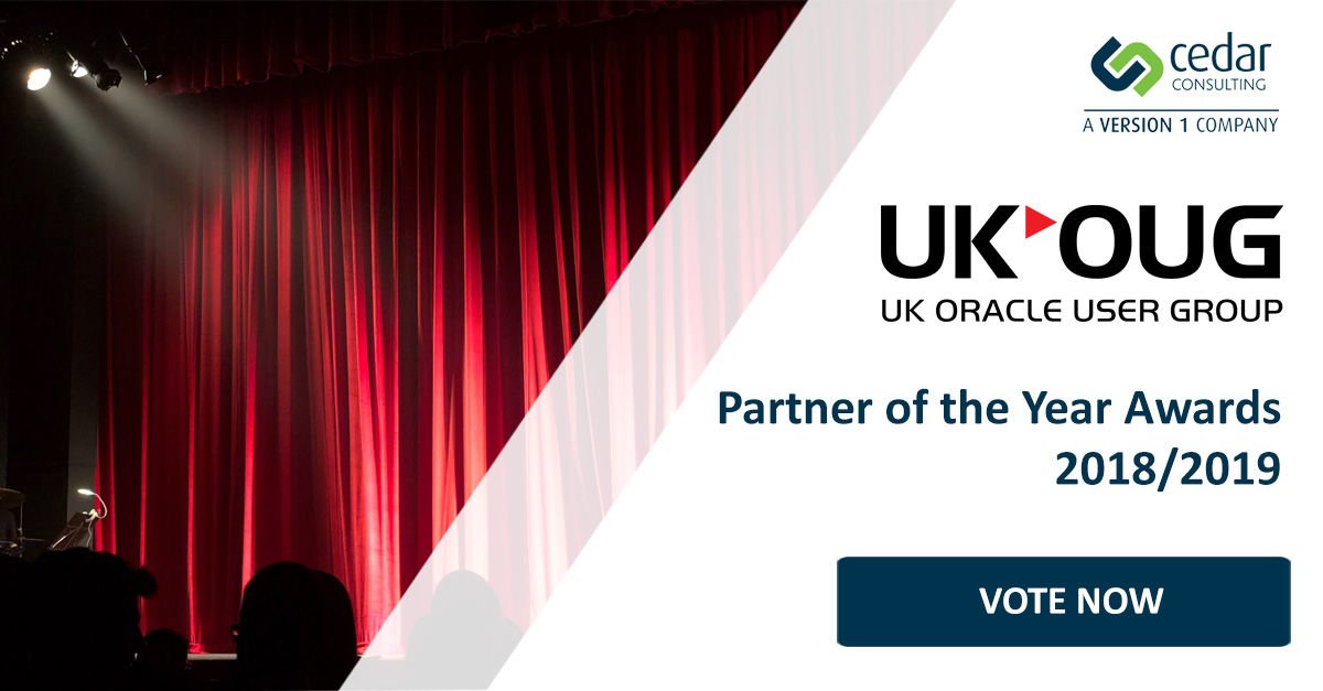 CedarConsulting's tweet photo. @Oracle end users, we need your vote! Cedar Consulting &amp; @Version1Tweets have been nominated for multiple @UKOUG awards. It's our #Oracle customers that really make this so please cast your vote below by September the 10th &amp; help us win gold! https://t.co/wP5XxfZ5iY https://t.co/8yOW0Q34VP