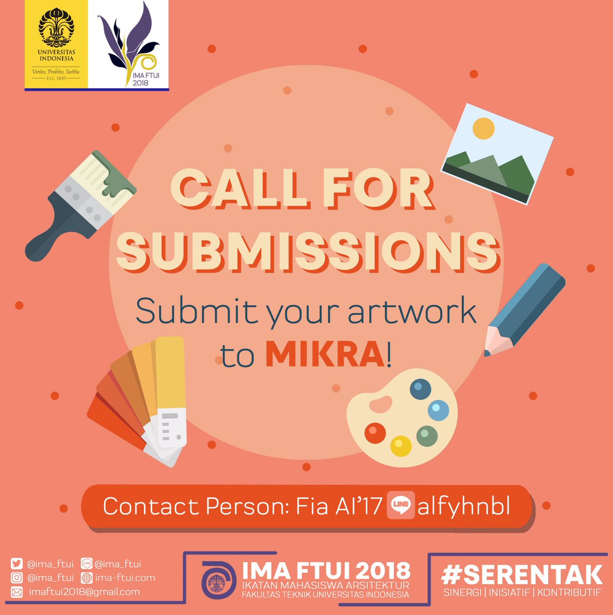 IMA_FTUI's tweet photo. Ayo kumpulkan karya senimu ke MIKRA! Kami menerima berbagai macam karya seperti foto, lukisan, sketsa, tipografi dan lainnya untuk dipajang di mading MIKRA! Kamu juga bisa mengirimkan karya 3D loh!

Kumpulkan karyamu ke: Fia AI'17 (Line ID: alfyhnbl)

#SERENTAK https://t.co/KIeMYy2zqN