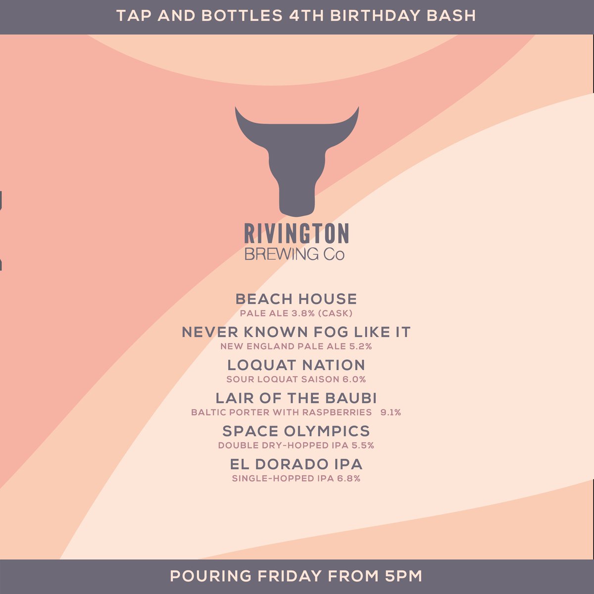 TapandBottles's tweet photo. Just a gentle reminder that this weekend is our 4th Birthday Bash! 
🥳🎉🥳
We'll be pouring a plethora of @rivingtonbrewco, @cloudwaterbrew, @TwistBarrelAle... plus lots of other beers that The Sun hates.
🍻🍻🍻
Friday from 5PM.  All day Saturday and Sunday. https://t.co/nNCVzhDB02