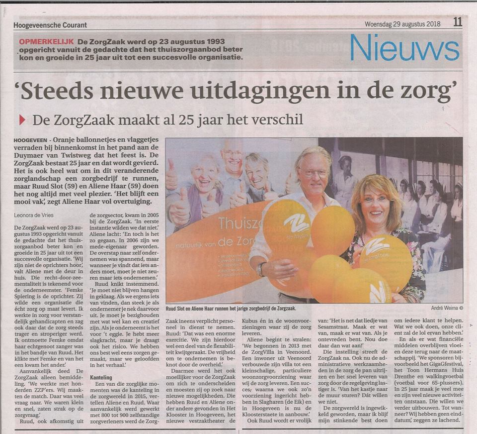 Leuk artikel in de Hoogeveensche Courant! <a href="/hconline/">HoogeveenscheCourant</a> #jubileum #25jaarzorgzaak