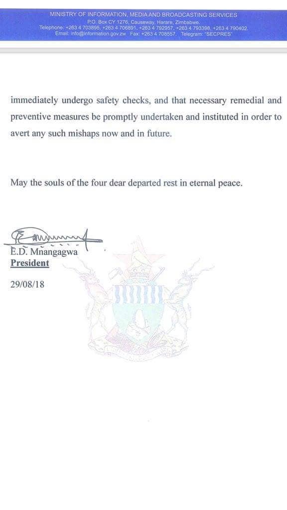 I learnt with deep sadness of the death yesterday of four Zimbabwean workers as a result of an explosion at the GMB Lions Den Grain Silo Complex. May the souls of the dear departed rest in eternal peace. My full statement is attached.