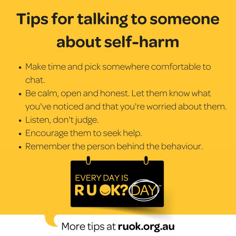 ruokanyday's tweet image. It&apos;s not always obvious whether someone is self-harming, but if you&apos;re concerned it&apos;s important to talk with them about it. Here are some tips to help you start that conversation. 

Find conversation tips and supports at ruok.org.au #RUOK #RUOKDay