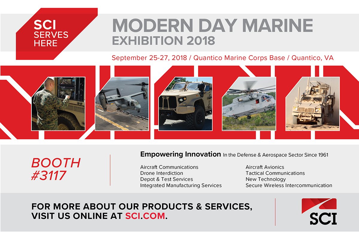 SCITechInc's tweet photo. When the objective is complete mission success, SCI will never let you down. Visit our booth at Modern Day Marine to learn about all the ways SCI can serve you. Booth 3117

https://t.co/T4tWSeLlnb https://t.co/som9tsVmIp