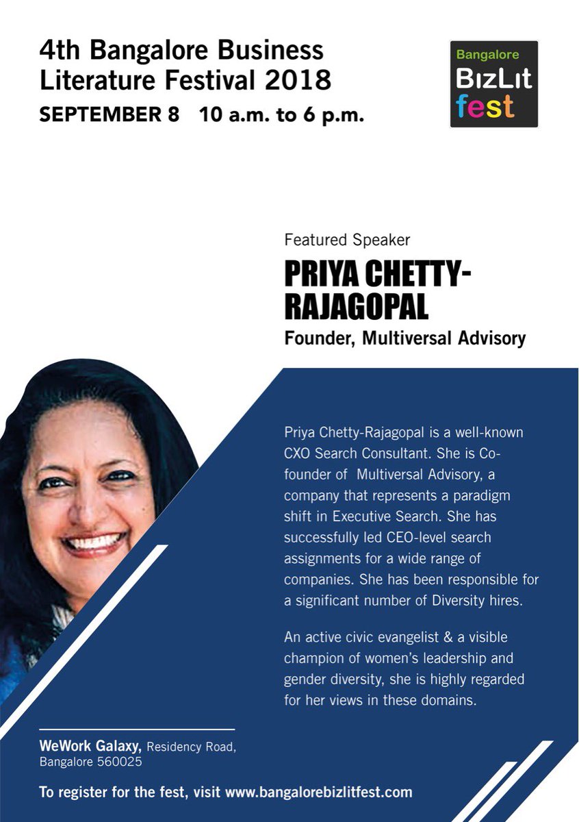 Meet @Multiversal_I Advisory Managing Partner Priya Chetty-Rajagopal,a #FeaturedSpeaker at  #BangaloreBizLitFest Looks like a terrific line up of panels & #speakers, so block the date! #eventsinbangalore #networking   #literature #business #BBLF2018 @priyachettyr @KarenGreenbaum