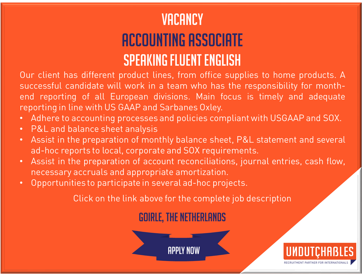 UndutchablesRec's tweet image. #AccountingAssociate #accounting #accountant #accountancy #accountingjob #accountingvacancy #USGAAP #SOX #English #Goirle #Tilburg #Undutchables #apply #internationaljob ow.ly/dVFT30lBhoW