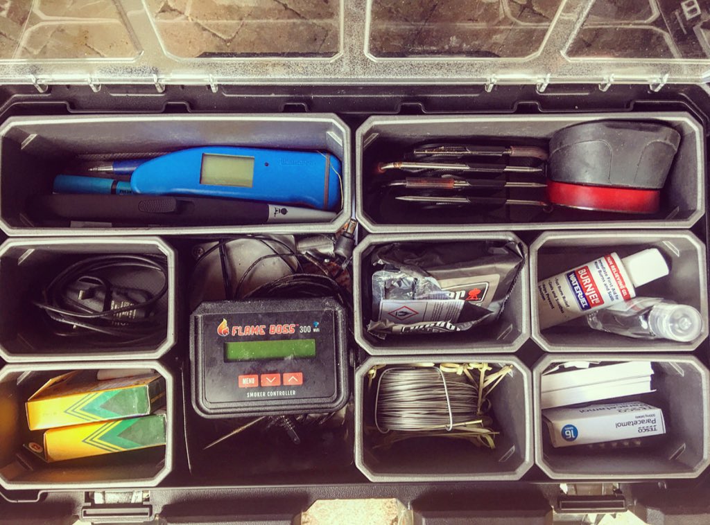 onlyslaggin's tweet photo. Day 29 of  #31daysofBBQ with @rholdenbbq (sorry i’ve missed a few) kit organisation. This is my gear that comes with me for Demos &amp; Comps. My shack has a few more items but this is my standard kit. Controllers, thermometers, first aid kits, gloves, knives, boards, rubs etc etc. https://t.co/Mg1GCi1peN