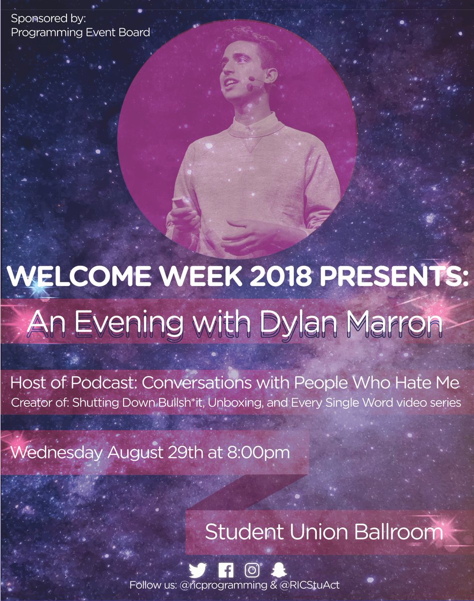 RICNews's tweet image. Critically-acclaimed podcaster @dylanmarron of @NightValeRadio & "Conversations w/ People Who Hate Me" fame joins us tonight in the @RICStudentUnion ballroom! @RICProgramming @NewAnchors @WXIN #RICnews #experienceRIC #dylanmarron