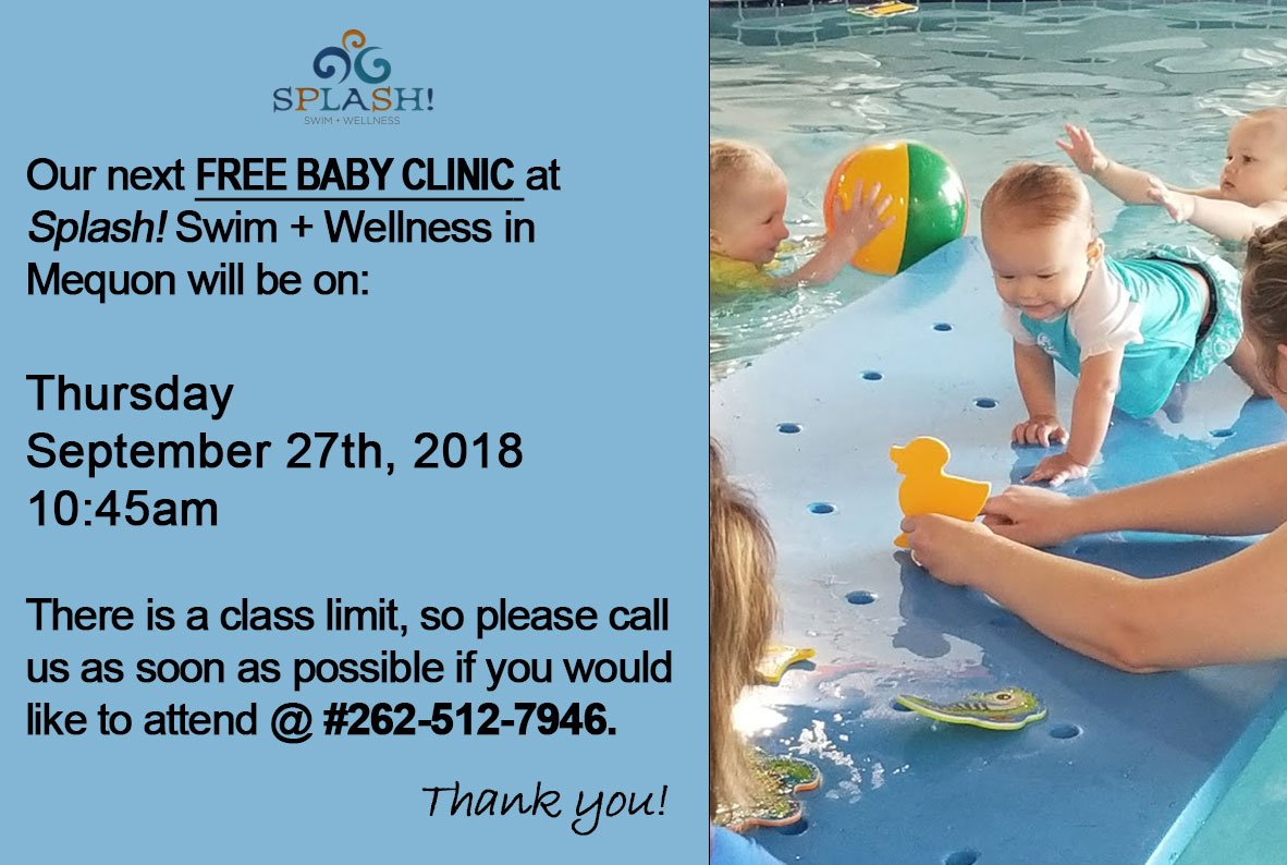 SplashSwimWell's tweet photo. Free Baby Swim Clinic in Mequon on Thursday Sept 27th 10:45am with Splash! owner @KimberlySplash ! Please give us a call if you would like to attend with your baby. We hope you can join us! #262-512-7946😀#BabySwim #SplashMequon #FreeBabyClass #WaterSafety https://t.co/7BbqZmLSEC