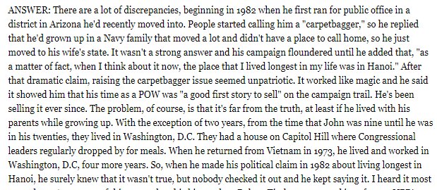 12/ McCain grew up in Washington DC, where he attended elite schools. He was not an "outsider". He grew up in the swamp as child of prominent admiral.