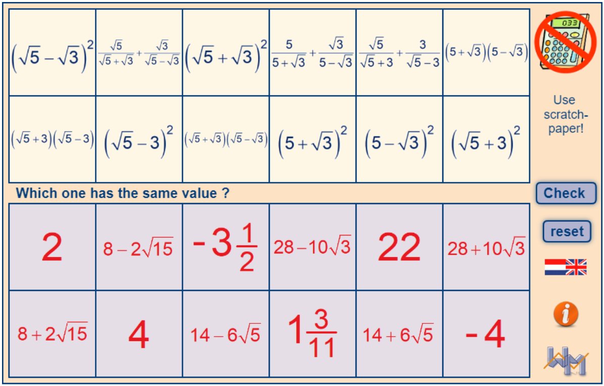 My colleague asked me to make a new matching game, with calculation of roots. He provided the questions.
See here the result: henkreuling.nl/applets/Mini-l…
Free for use in the classroom. It's Dutch, but you can select English language (however I think it's obvious what to do...) Enjoy!