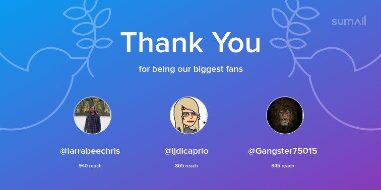 LisaKellyIRT's tweet photo. Our biggest fans this week: @larrabeechris, @ljdicaprio, @Gangster75015. Thank you! via https://t.co/lC2qkNrv7o https://t.co/pYfvyXLz7q