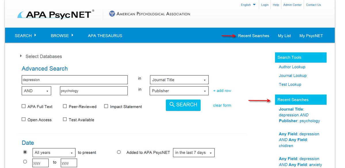APA_Databases's tweet image. Use the &quot;Recent Searches&quot; link or &quot;Recent Searches&quot; in the left rail of #APA #PsycNET to find your previous searches within the same search session.
