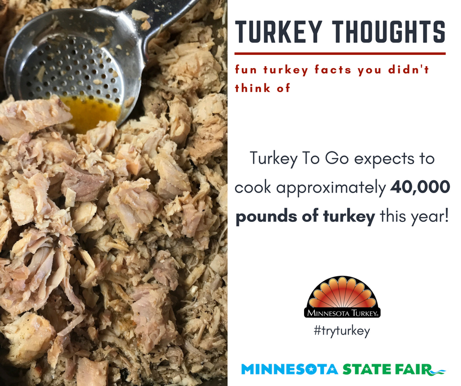 MinnesotaTurkey's tweet photo. #TurkeyThoughts Day 7:
 @TurkeyToGo expects to cook approximately 40,000 pounds of turkey at the #mnstatefair this year! Come on over and #tryturkey with a classic Great Big Turkey Sandwich, Turkey Ribs or Slow-Roast Turkey Drumstick! #nomnom #turkeytogo #capturemn #exploremn https://t.co/0TOTUBJ5pE