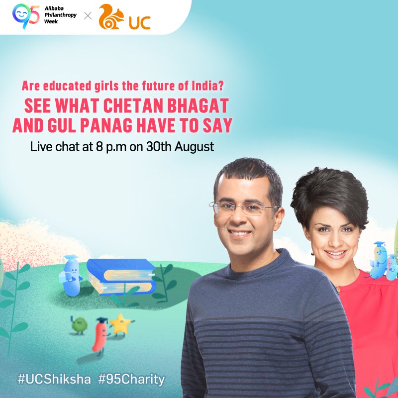 UCBrowser's tweet photo. Eminent celebrities Gul Panag and Chetan Bhagat will be LIVE on UC Browser tomorrow,30th August, at 8 p.m to answer your questions. 
Interested in knowing more about the two?
Click and ask- https://t.co/wFkd9nDc1v
#UCShiksha   #95Charity 
#UCBrowser https://t.co/jJP5aV8l9B